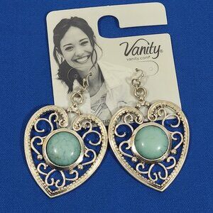 Heart-Shaped Vanity Earrings With Faux Turquoise Stone‎ & Filigree Design